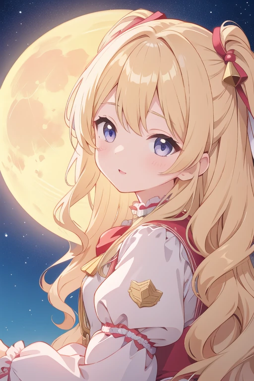 Long wavy blonde hair、About 、Face close-up、Cute clothes with lots of frills、A big moon above the girl's head、Bathed in the moonlight, the girl smiles