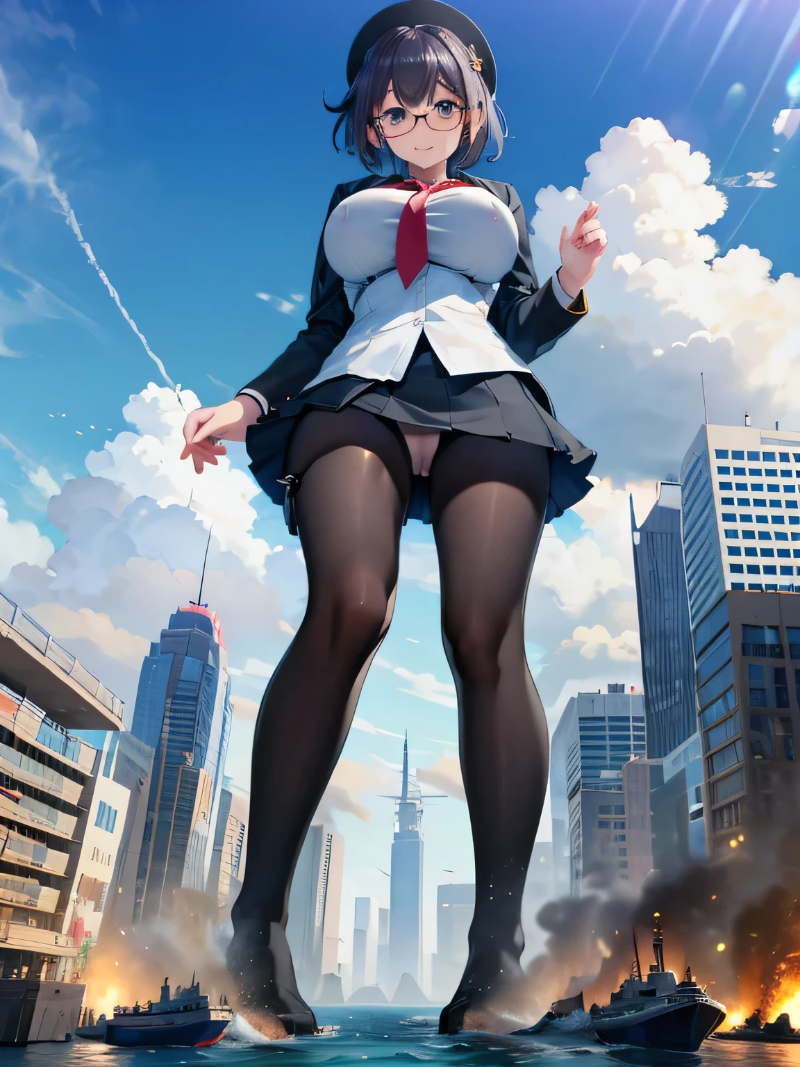 multiple girls, 3girls, standing, giantess art, highly detailed giantess shots, giantess, most detailed, perfect face, Two legs, Five fingers, short hair, A high school girl who is bigger than a skyscraper, Wearing rimless glasses, smile, huge breasts, Navy blazer, Red tie, mini skirt, black pantyhose, no shoes on, toes visible through pantyhose, Steam coming out from the soles of my feet, seaside metropolis, numerous miniature warships on the sea, Destroying cities, Under heavy attack, A very small big city, Miniature metropolis, Full body description, GTS, giga giantess, stomping city, crash city, tiny city, micro city, pantyhose feet, High resolution, highest quality, masterpiece, 