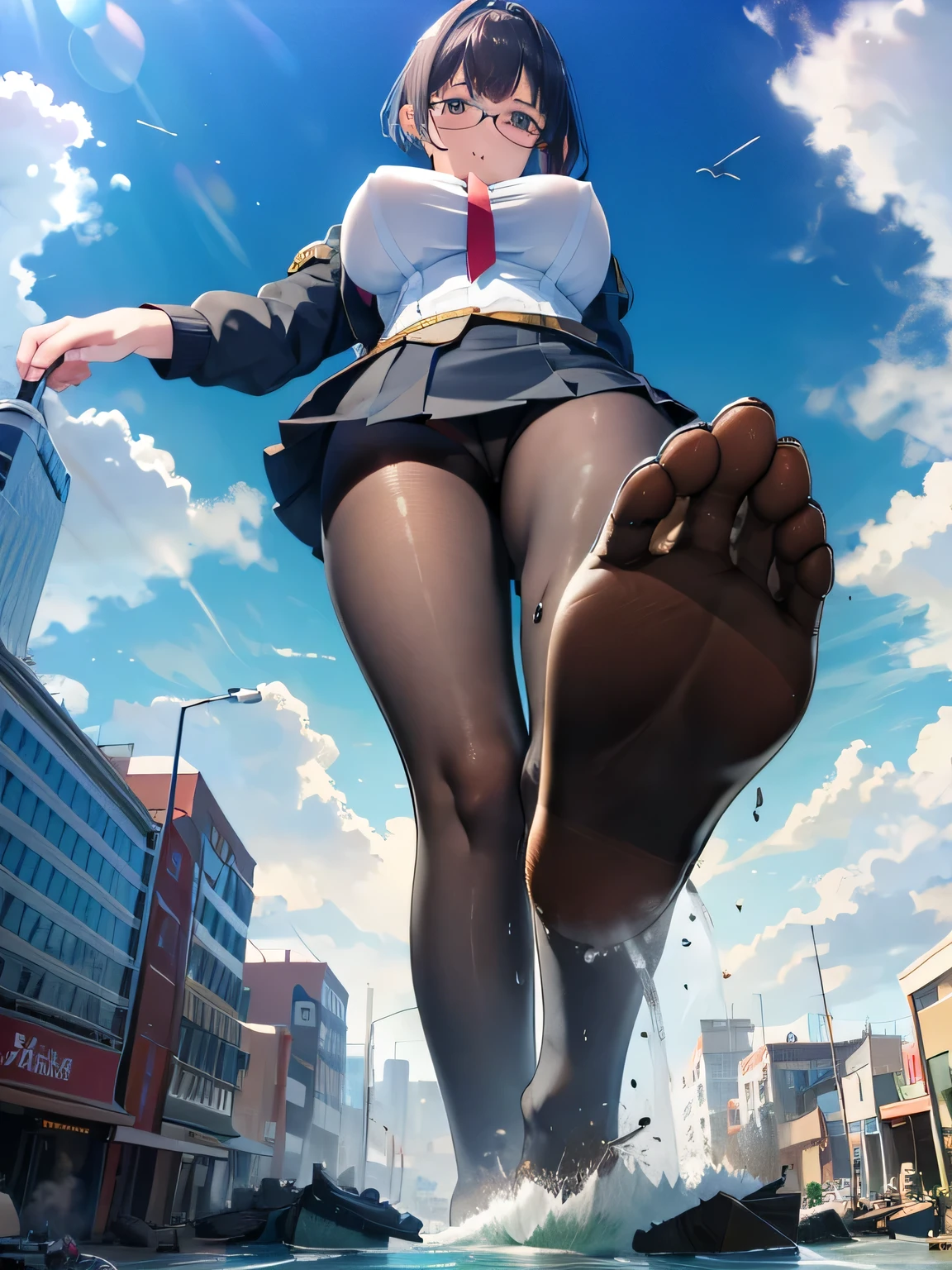 multiple girls, 3girls, standing, giantess art, highly detailed giantess shots, giantess, most detailed, perfect face, Two legs, Five fingers, short hair, A high school girl who is bigger than a skyscraper, Wearing rimless glasses, smile, huge breasts, Navy blazer, Red tie, mini skirt, black pantyhose, no shoes on, toes visible through pantyhose, Steam coming out from the soles of my feet, seaside metropolis, numerous miniature warships on the sea, Destroying cities, Under heavy attack, A very small big city, Miniature metropolis, Full body description, GTS, giga giantess, stomping city, crash city, tiny city, micro city, pantyhose feet, High resolution, highest quality, masterpiece, 