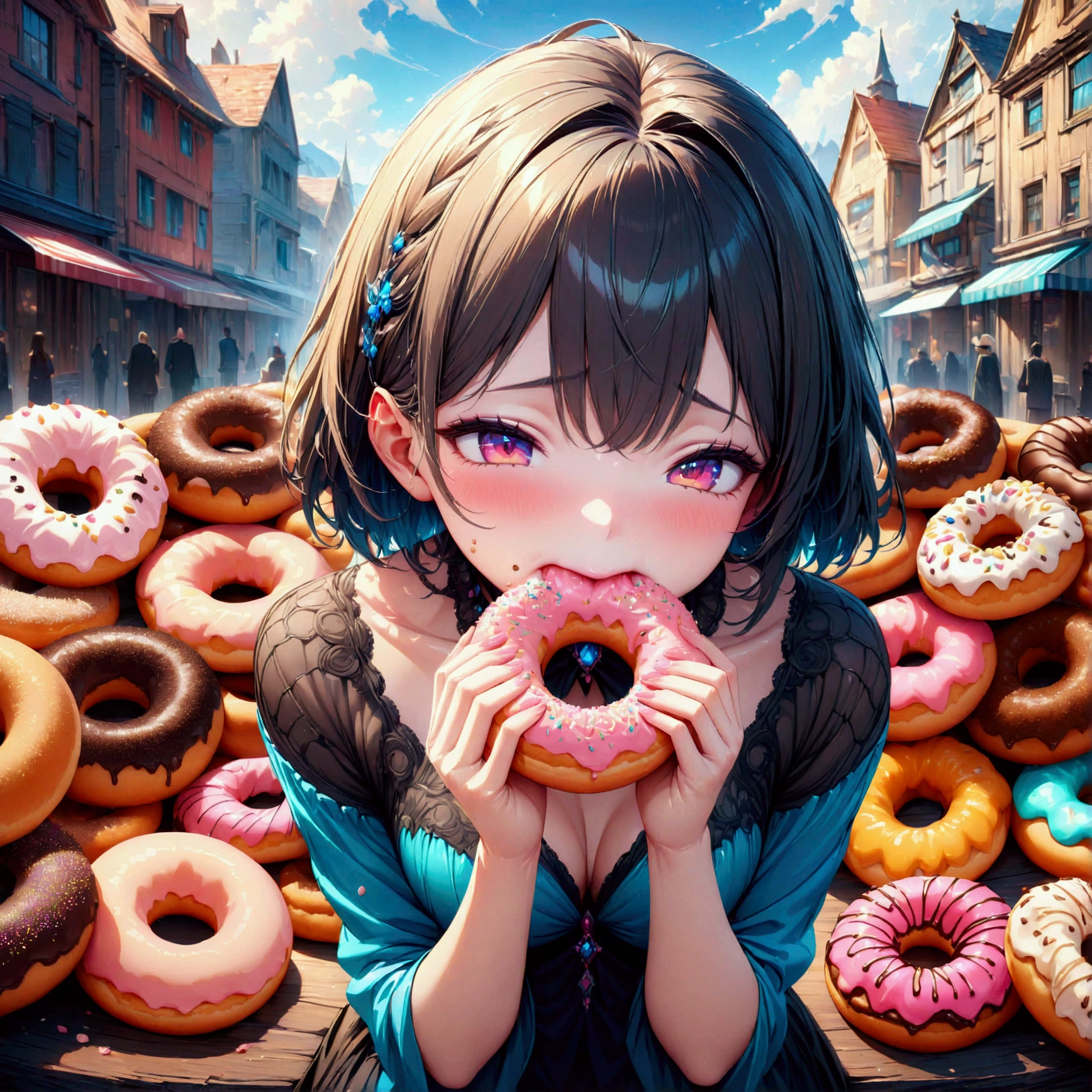 (eating donuts), (masterpiece:1.2), best quality, high quality, (hyper detailed), 4K, high resolution, extremely detailed CG, (mouthful, satisfied, content, grabbing and eating, donuts),