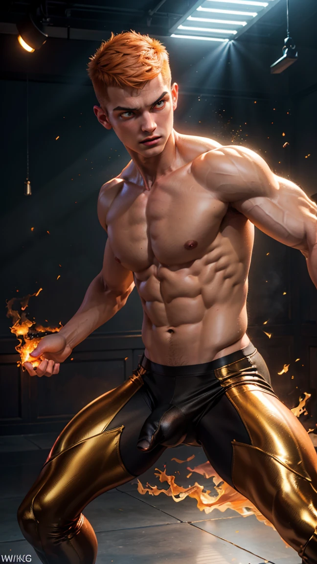 a muscular twink man with undercut orange hair, floating, manipulating fire with hands (best hands:1.2), bright orange eyes, fiery background, detailed face, realistic, 8k (8K:1.2), ultra-detailed (ultra-detailed:1.2), physically-based rendering (physically-based rendering:1.2), professional, vivid colors (vivid colors:1.2), masterpiece, raytracing (raytracing:1.2), HDR (HDR:1.2), photorealistic, hyper-realistic, studio lighting (studio lighting:1.2), cinematic, dramatic chiaroscuro lighting (dramatic chiaroscuro lighting:1.2), dynamic combat pose (dynamic combat pose:1.2), emphasizing the twink physique (emphasizing the twink physique:1.2).