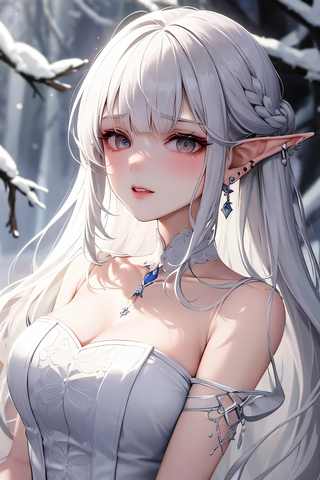 In an 8K masterpiece, showcasing the pinnacle of quality, a , enchanting anime woman emerges from a snow-laden forest. Clad in white elf clothes, her long, cascading hair, adorned with parted bangs and fanged bangs, shimmers against the pristine snowy backdrop. Her delicate face, accentuated by grey eyes with white pupils, exudes a maturee, accompanied by silver earrings delicately piercing her ears. The sadness in her eyes is palpable, as a tear trickles down her cheek, adding to the gloomy atmosphere. Her mature face ked by a thin, sensual