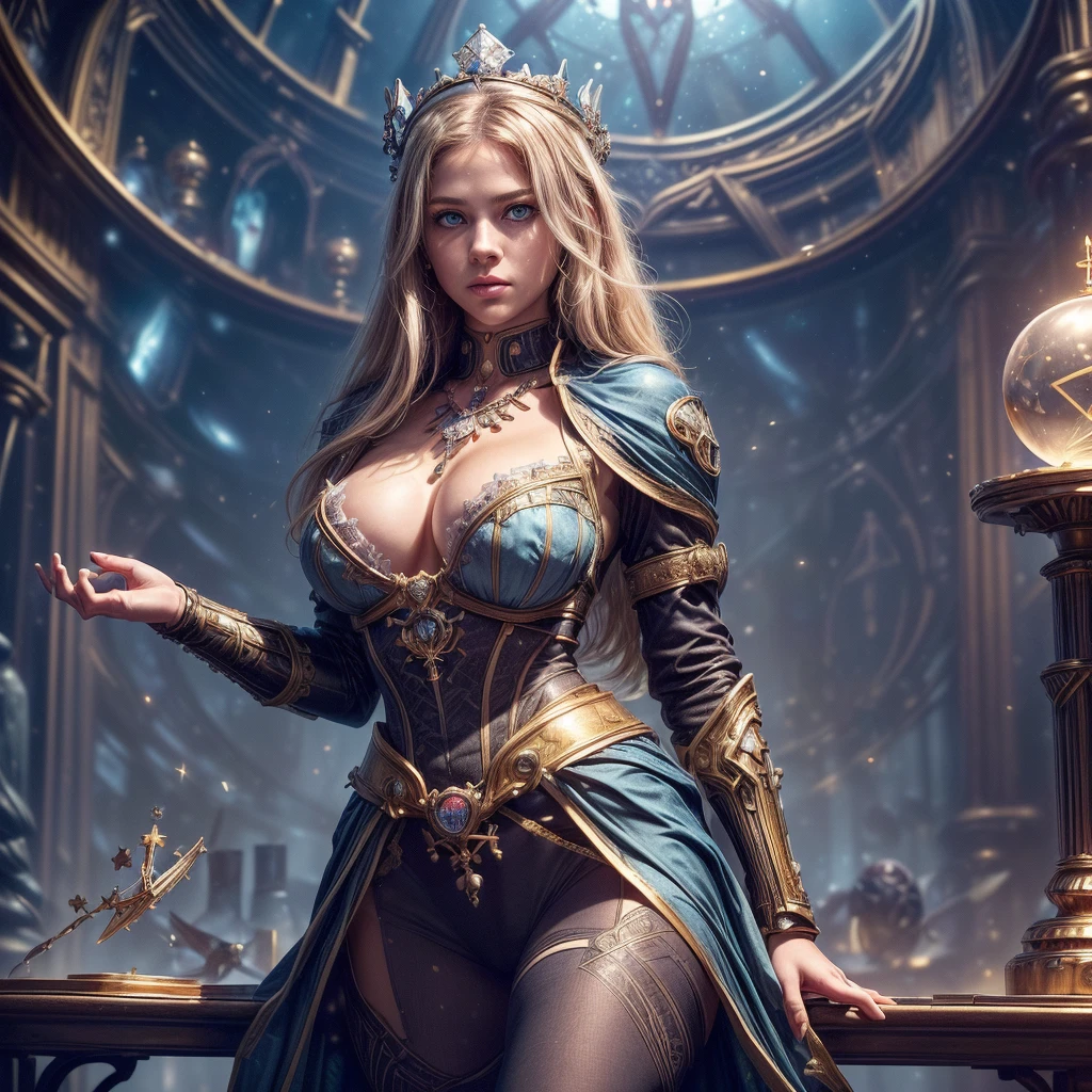 ultra realistic professional full body camera   (((wearing crown )))  (photo 1028k qhd) by (James C. Christensen:1.2|Jeremy Lipking:1.1), (Dittmann Anna:0.3), (jiner:0.3), (mise au point nette:1.3) lndswgnr,High detail, instagram top model,blonde hair, beautiful detailed baby blue eyes, k eyes,(eye (eye makeup: 1.2) sleeping Pose of the Instagram model, perfect button nose, attractive lip shape has an upper-to-lower lip ratio of 1:2, perfect ivory skin confiant, (((anatomycally perfect 25 old ladie hand,finger, nail))),fille en forme Fille maigre et sexy, breast:1.2, anatomie parfaite, Perfect symmetry:1.2, Realstic position, realistic and gorgeous face:1.2, perfect face, highly detailled, happy, confident, ighting cinematic, Lighting scene, soft lights, instagram standing pose (((baby blue eyes,, Fille maigre et sexy, breast:1.2 perfect charming face, attractive lip and nose, arafed, high details, best quality, 16k, [best detailed], masterpiece, best quality, (extremely detailed), a view from the rear (best details, Masterpiece, best quality), photorealistic, fantasy art, RPG art, a picture of a human mecha woman sorceress sittings in her magical lab, divining distant places in her crystal ball, epic beautiful human woman (best details, Masterpiece, best quality), ultra detailed face (best details, Masterpiece, best quality), red hair, short hair, red eyes, dynamic dress (best details, Masterpiece, best quality), magical library, with many books, and magical runes and wards, glowing arcane sigils GlowingRunes_paleblue, crystal ball (best details, Masterpiece, best quality) on table, runes on crystal balls GlowingRunes_yellow, fantasy magical library background (best details, Masterpiece, best quality), Ultra-Wide Angle, high detail, award winning, best quality, HD, 16K, 3D rendering, high details, best quality, highres, ultra wide angle, 3D rendering, [[anatomically correct]]