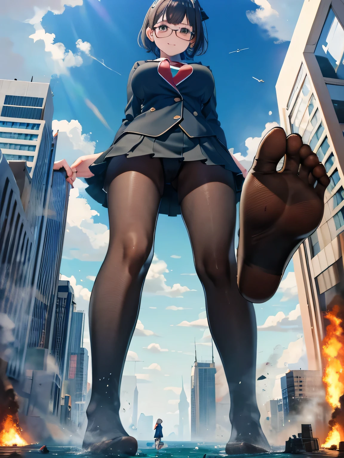 multiple girls, 3girls, standing, giantess art, highly detailed giantess shots, giantess, most detailed, perfect face, Two legs, Five fingers, short hair, A high school girl who is bigger than a skyscraper, Wearing rimless glasses, smile, huge breasts, Navy blazer, Red tie, mini skirt, black pantyhose, no shoes on, toes visible through pantyhose, Steam coming out from the soles of my feet, seaside metropolis, numerous miniature warships on the sea, Destroying cities, Under heavy attack, A very small big city, Miniature metropolis, Full body description, GTS, giga giantess, stomping city, crash city, tiny city, micro city, pantyhose feet, High resolution, highest quality, masterpiece, 