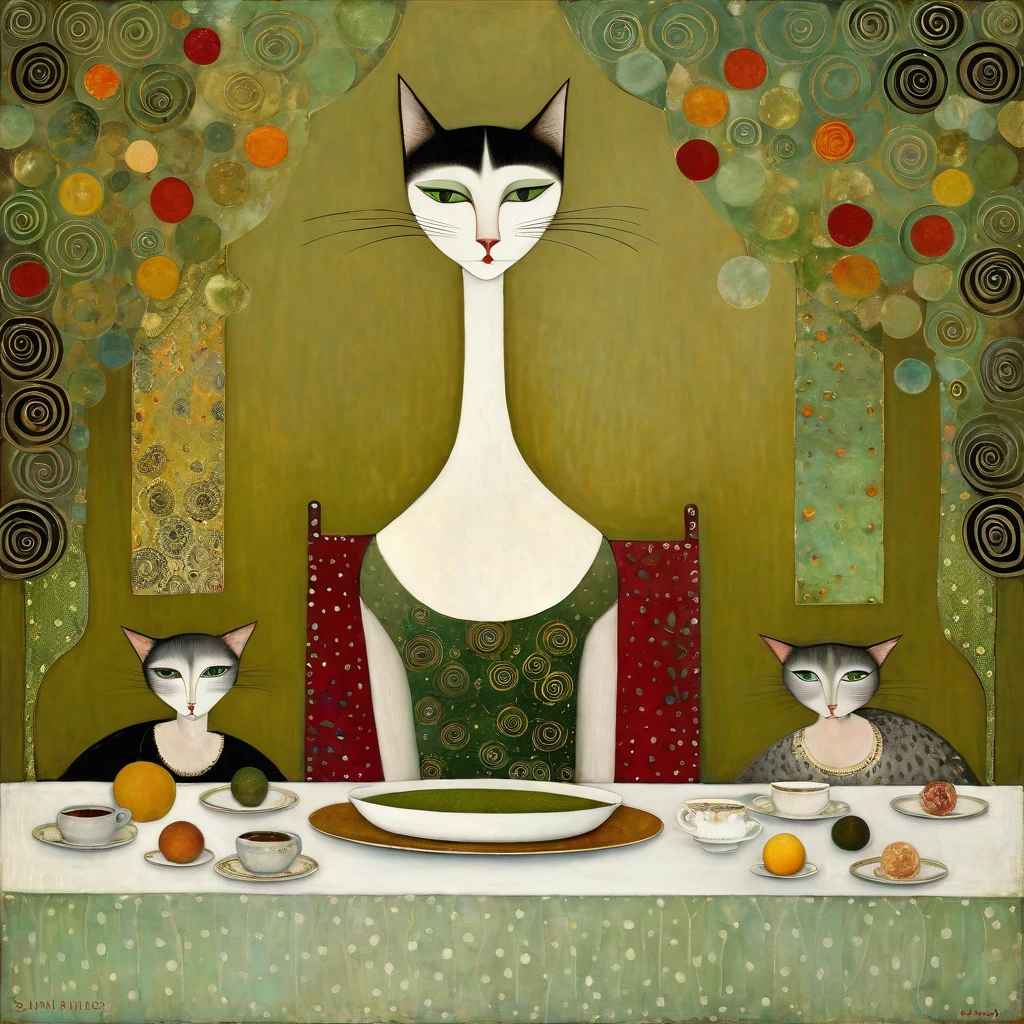 Art style of Klimt, Sam Toft, Florine Stettheimer, Dina Wakley, Catrin Welz-Stein, Gabriel Pacheco, Elisabeth Fredriks. Three-quarter view. Cat-face woman. very tall, beautiful, with very long neck, large gray-green eyes, long eyelashes. she is sitting at a dining table, with an empty plate in front of her. background with neutral patterns of circles and spirals. warm colors, medium saturation