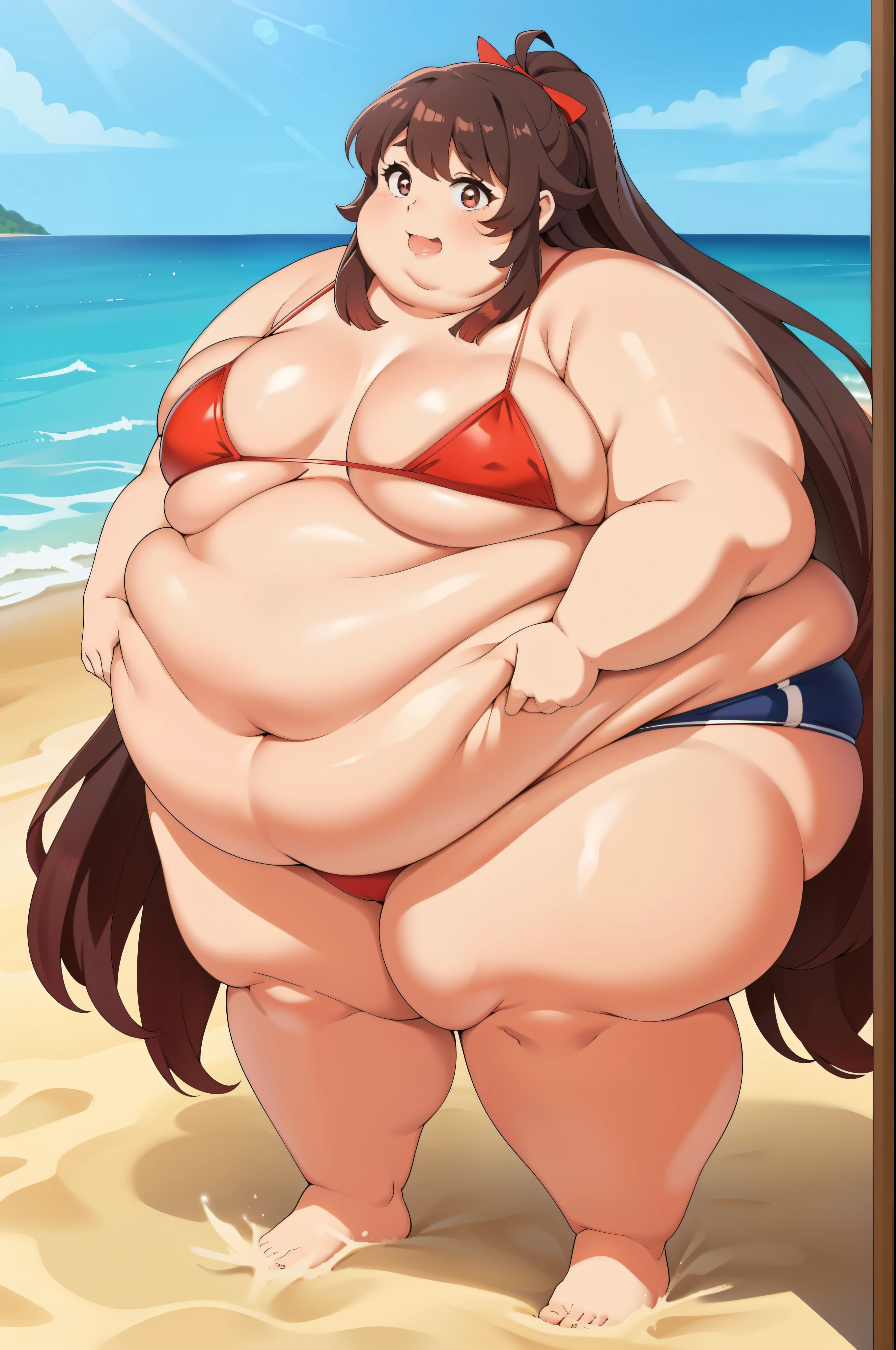 Very tiny (Zoomed out:1.0)Very long brown hair, Full body, cute pose, looking at viewer, Hi Tao, red bikini, beach, smiling, standing, full body, tiny breasts, flat chest, (flat chest:1.0), shoreRound face, double chin, fat chin, fat cheeks, fat neck, round face, SSBBW, flabby arms, round face, double chin, fat double chin, big double chin, fat neck, chubby cheeks, fat thighs, fat calves, morbidly obese, flabby , giant , large belly, obese, fat face, belly, double chin, obesity,, fat arms and legs, fat, flat chest, extremely small breasts
