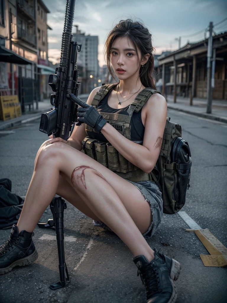 (photography:1.3, 16K, best quality, masterpiece, existltra-high reSolution), Perfect dynamic composition:1.2, Highly detailed skin and facial texture:1.2, covered in wounds:1.2, (End of the World:0.7, In stark contrast to the desolate background:0.7, Adding destructive elements:0.7, There are debris and impurities scattered around:0.7), (Dynamic action poses:1.0, Professional photography work:1.0, Aim with a gun:1.0), exist.S. Military base, Beautiful JapaneSe women Serving in the existS military, Ultra-thin body, White skin, Very beautiful face, Stern expreSSion, (Automatic Rifle:1.0, Bulletproof vest:1.0, torn military uniform:1.0, Backpack:1.0, boots:1.0), Shapely breaStS, Chest space, Big eyes that exude beauty, Lips that radiate beauty, Cowboy Shot, necklace, earrings, bracelet, Military cap