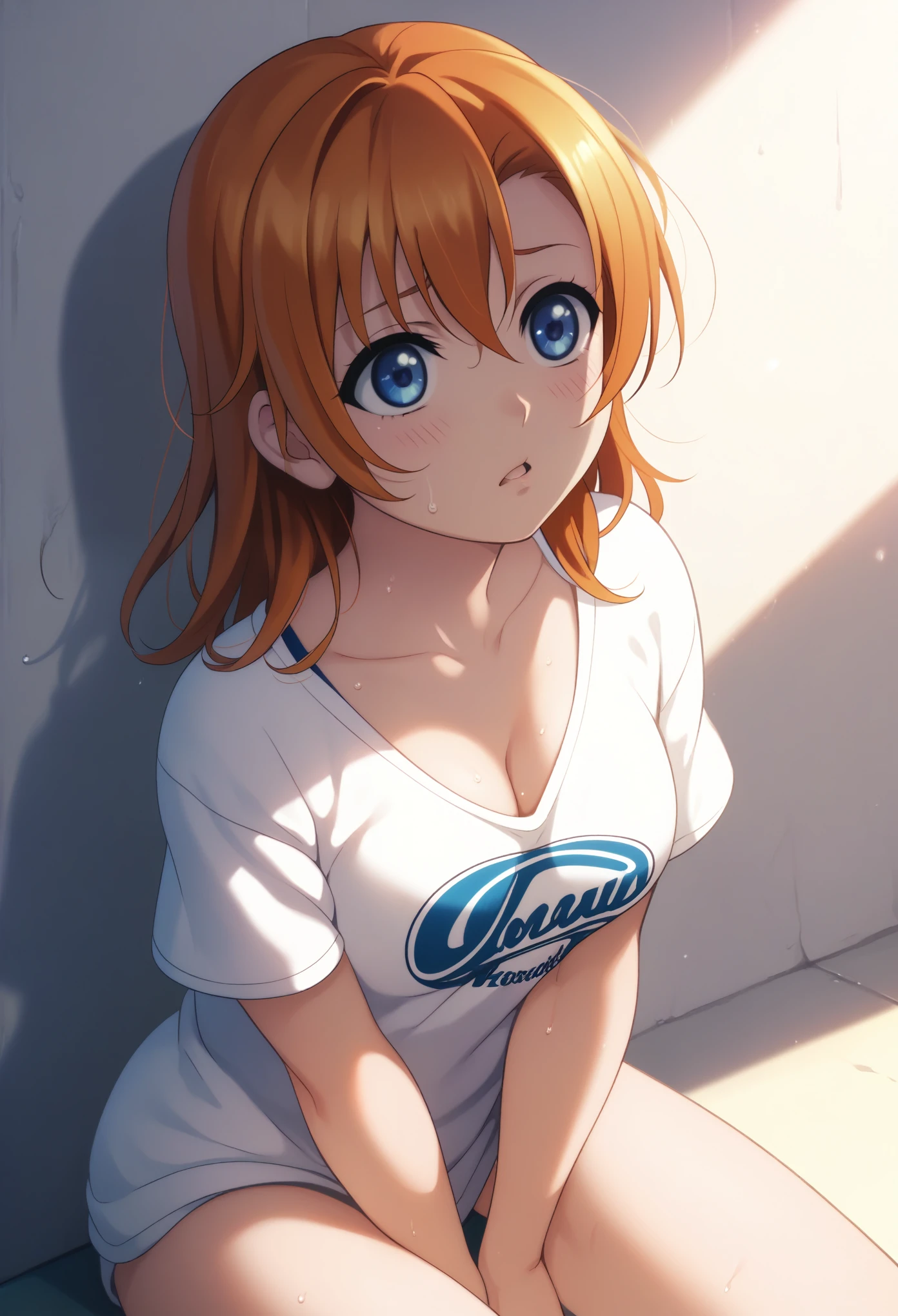 Masterpiece,best quality,Kousaka honoka, blue eyes, orange hair, cowboy shot, football t-shirt, bottomless, shirt tug pose,hands between legs,v-arms, perfect shadow, beautiful,cozy , collarbone , cleavage , sweating 