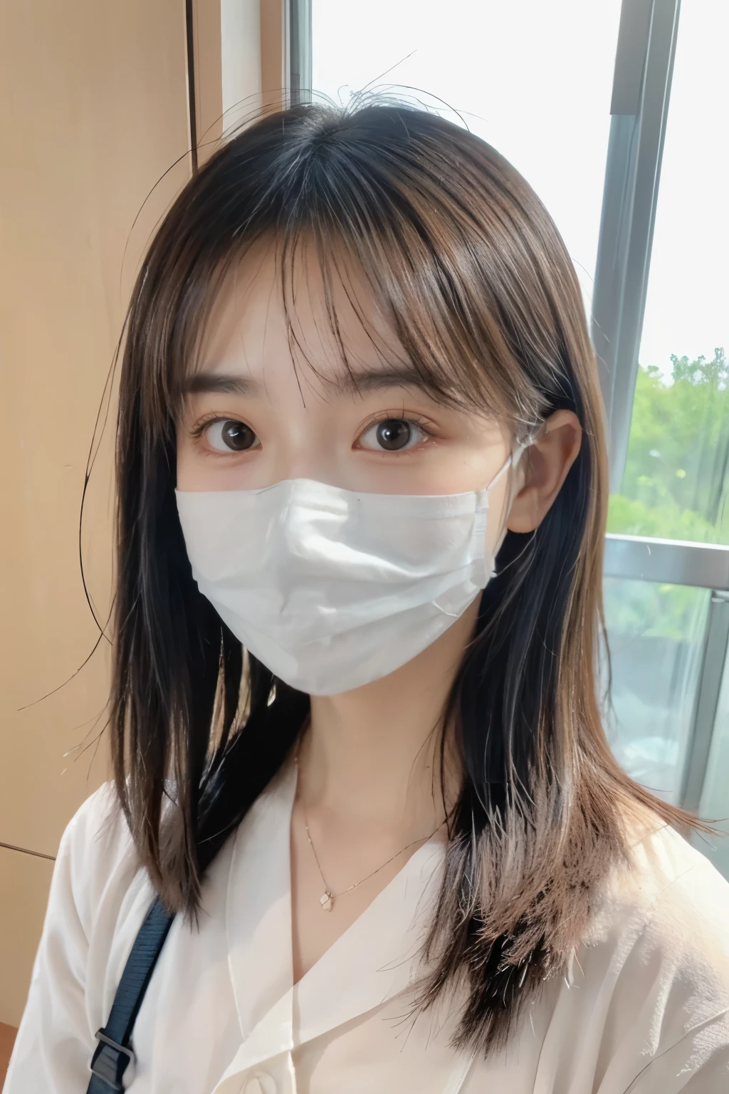 maskした女性のクローズアップと鼻の骨折, transparent face, wearing transparent glass mask, clear cute face, very clear face, visible face!, face fully visible, clearly visible face, perfectly clear face, clear [[bronze]] face [mask], see through glass hologram mask, face covers half of the frame, photorealiscic face