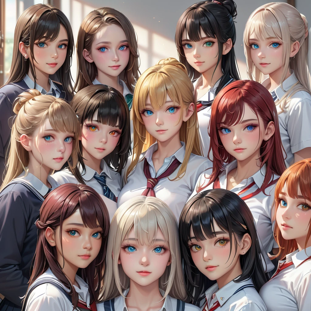 group picture, multiple girls, 6+girls, portrait, (masterpiece:1.2), best quality, high quality, (hyper detailed), 4K, 8K, absurdres, highres, photorealistic, extremely fine, (beautiful detailed face, looking at viewer, various races, different faces, various hairstyles, detailed hair, colorful eyes, detailed eyes), (school uniform:1.1), smile, (no makeup:1.3), detailed background,