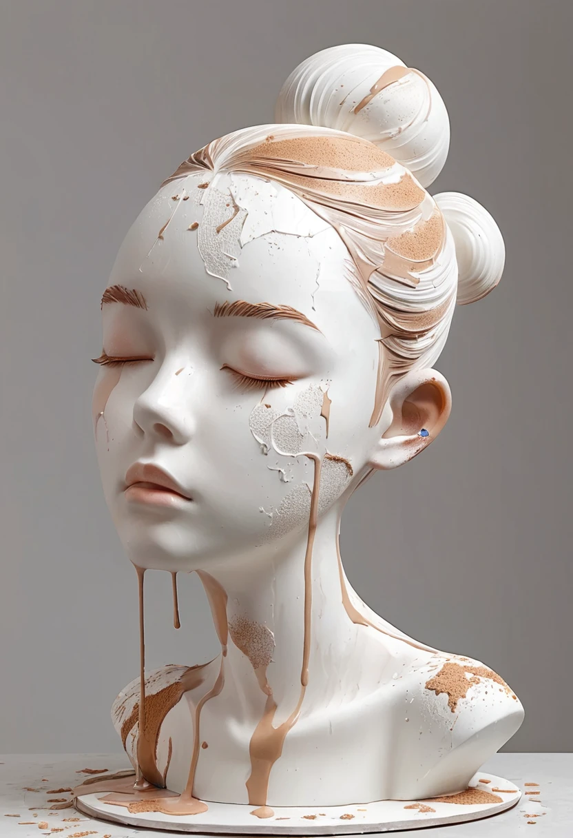 Artistic statues，3D Sculpture，ceramics，Surface cracks，Shattered Texture，White cake，Delicious tea powder，Minimalist Sculpture，3D， 1 girl, solitary, blush,Rough surface，Surface patterns and textures，Surface scratches，Granular，Long brown hair