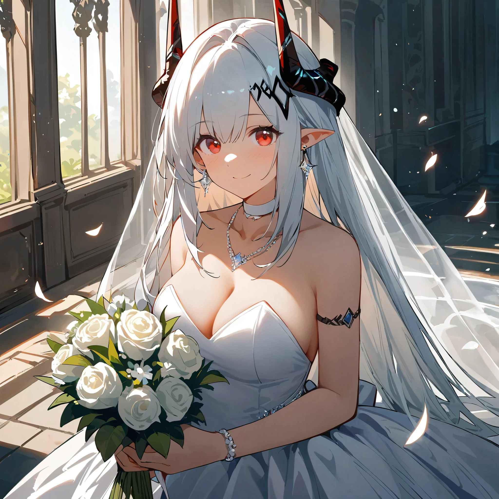 (masterpiece, best quality:1.2), 1girl, wedding_dress, red_eyes, solo, necklace, white_dress, holding_bouquet, horns, mudrock_\(arknights\), pointy_ears, alternate_costume, smile, looking_at_viewer, petals, white_hair, cleavage, earrings, bridal_veil, alternate_hairstyle, bare_shoulders, white_choker, long_hair, closed_mouth, strapless_dress, white_flower, bangs, bride, medium_breasts, collarbone