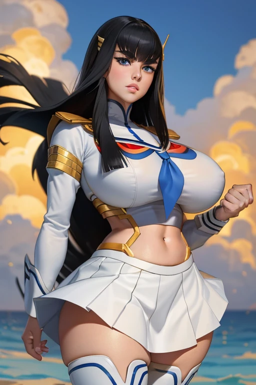 (best quality), (masterpiece), 1 girl, early 20's, huge heavy breasts, busty, massive breasts, thick, thick lips, wide hips, thin waist, kiryuin satsuki,  blunt bangs, black hair, long hair, junketsu:1.2, (white skirt:1.3), white thigh boots)), (gold trim:1.2), blue eyes