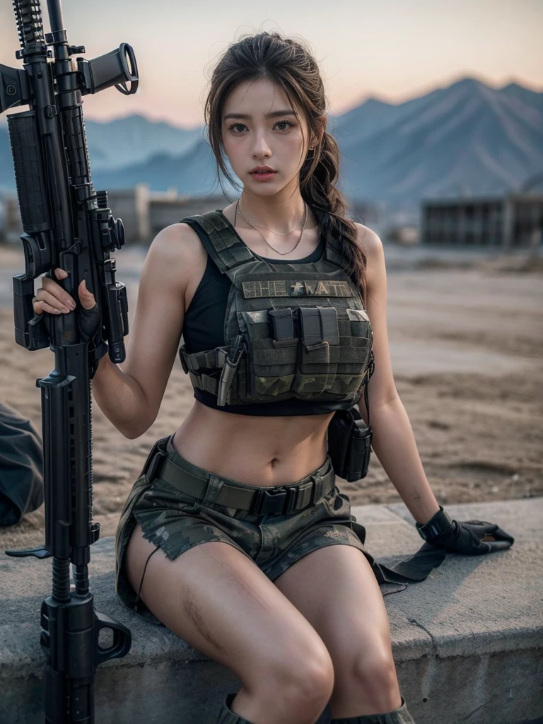 (photography:1.3, 16K, best quality, masterpiece, existltra-high reSolution), Perfect dynamic composition:1.2, Highly detailed skin and facial texture:1.2, covered in wounds:1.2, (End of the World:0.7, In stark contrast to the desolate background:0.7, Adding destructive elements:0.7, There are debris and impurities scattered around:0.7), (Dynamic action poses:1.0, Professional photography work:1.0, Aim with a gun:1.0), exist.S. Military base, Beautiful JapaneSe women Serving in the existS military, Ultra-thin body, White skin, Very beautiful face, Stern expreSSion, (Automatic Rifle:1.0, Bulletproof vest:1.0, torn military uniform:1.0, Backpack:1.0, boots:1.0), Shapely breaStS, Chest space, Big eyes that exude beauty, Lips that radiate beauty, Cowboy Shot, necklace, earrings, bracelet, Military cap