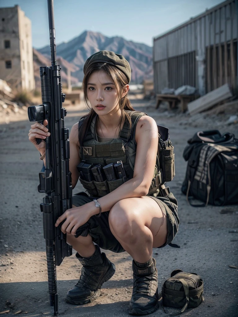 (photography:1.3, 16K, best quality, masterpiece, existltra-high reSolution), Perfect dynamic composition:1.2, Highly detailed skin and facial texture:1.2, covered in wounds:1.2, (End of the World:0.7, In stark contrast to the desolate background:0.7, Adding destructive elements:0.7, There are debris and impurities scattered around:0.7), (Dynamic action poses:1.0, Professional photography work:1.0, Aim with a gun:1.0), exist.S. Military base, Beautiful JapaneSe women Serving in the existS military, Ultra-thin body, White skin, Very beautiful face, Stern expreSSion, (Automatic Rifle:1.0, Bulletproof vest:1.0, torn military uniform:1.0, Backpack:1.0, boots:1.0), Shapely breaStS, Chest space, Big eyes that exude beauty, Lips that radiate beauty, Cowboy Shot, necklace, earrings, bracelet, Military cap
