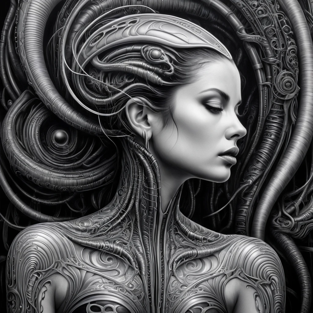 a black and white tattoo on a woman, in the style of detailed fantasy art, pensive stillness, lithograph, multilayered, made of wire, bold character designs, metafictional, H.R. Giger style,