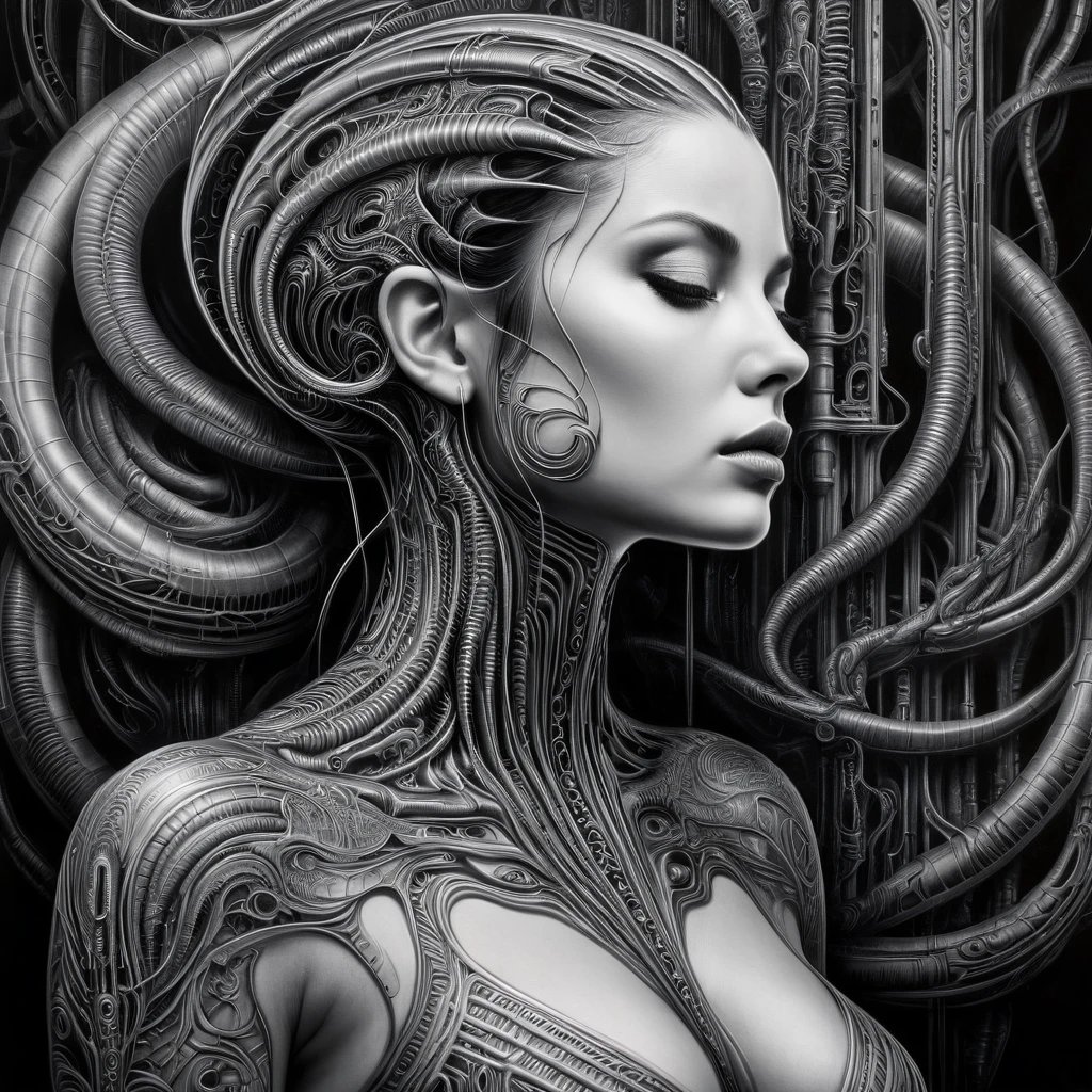a black and white tattoo on a woman, in the style of detailed fantasy art, pensive stillness, lithograph, multilayered, made of wire, bold character designs, metafictional, H.R. Giger style,