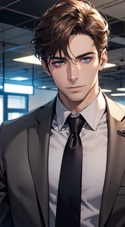 (best quality,4k,8k,highres,masterpiece:1.2),ultra-detailed,(realistic,photorealistic,photo-realistic:1.37),1 man,31 years old,mature man,very handsome,without expression,smile,short grey brown hair,blue eyes,penetrating gaze,perfect face without errors,imposing posture,businessman,office background,cinematic lighting,hdr image