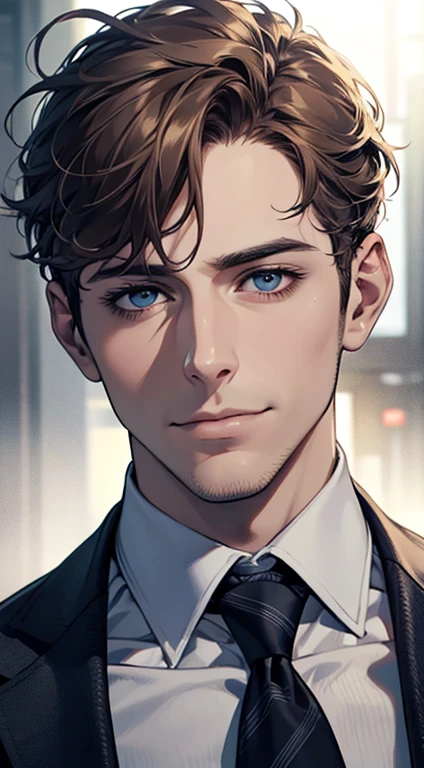 (best quality,4k,8k,highres,masterpiece:1.2),ultra-detailed,(realistic,photorealistic,photo-realistic:1.37),1 man,31 years old,mature man,very handsome,without expression,smile,short grey brown hair,blue eyes,penetrating gaze,perfect face without errors,imposing posture,businessman,office background,cinematic lighting,hdr image