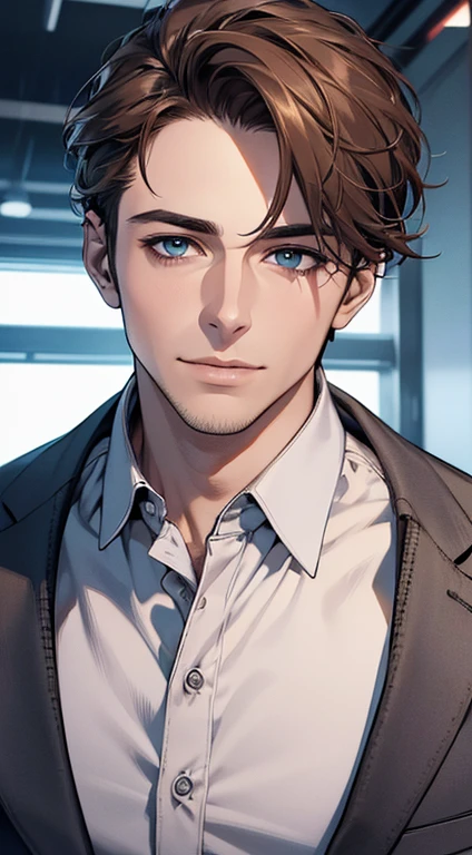 (best quality,4k,8k,highres,masterpiece:1.2),ultra-detailed,(realistic,photorealistic,photo-realistic:1.37),1 man,31 years old,mature man,very handsome,without expression,smile,short grey brown hair,blue eyes,penetrating gaze,perfect face without errors,imposing posture,businessman,office background,cinematic lighting,hdr image