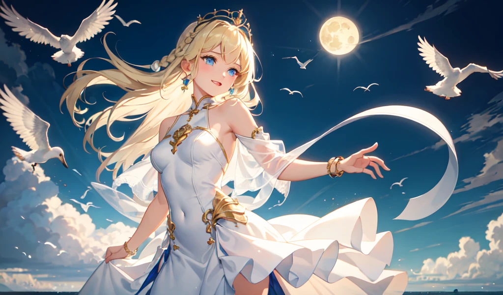,((Highest quality))),8k,((masterpiece)),(Very delicate and beautiful), There was a girl who came out of the sea, Mythical Swan Princess, Beautiful calm face, blue eyes, Long blonde hair braided, Moon braids on the back of the head, Shiny white vintage clothing,Wearing the Kokosnik crown, Loving eyes, Half-laugh, There was a gentle look on his face, Background seascape and sunlight, Seagulls in the sky, full length, realism