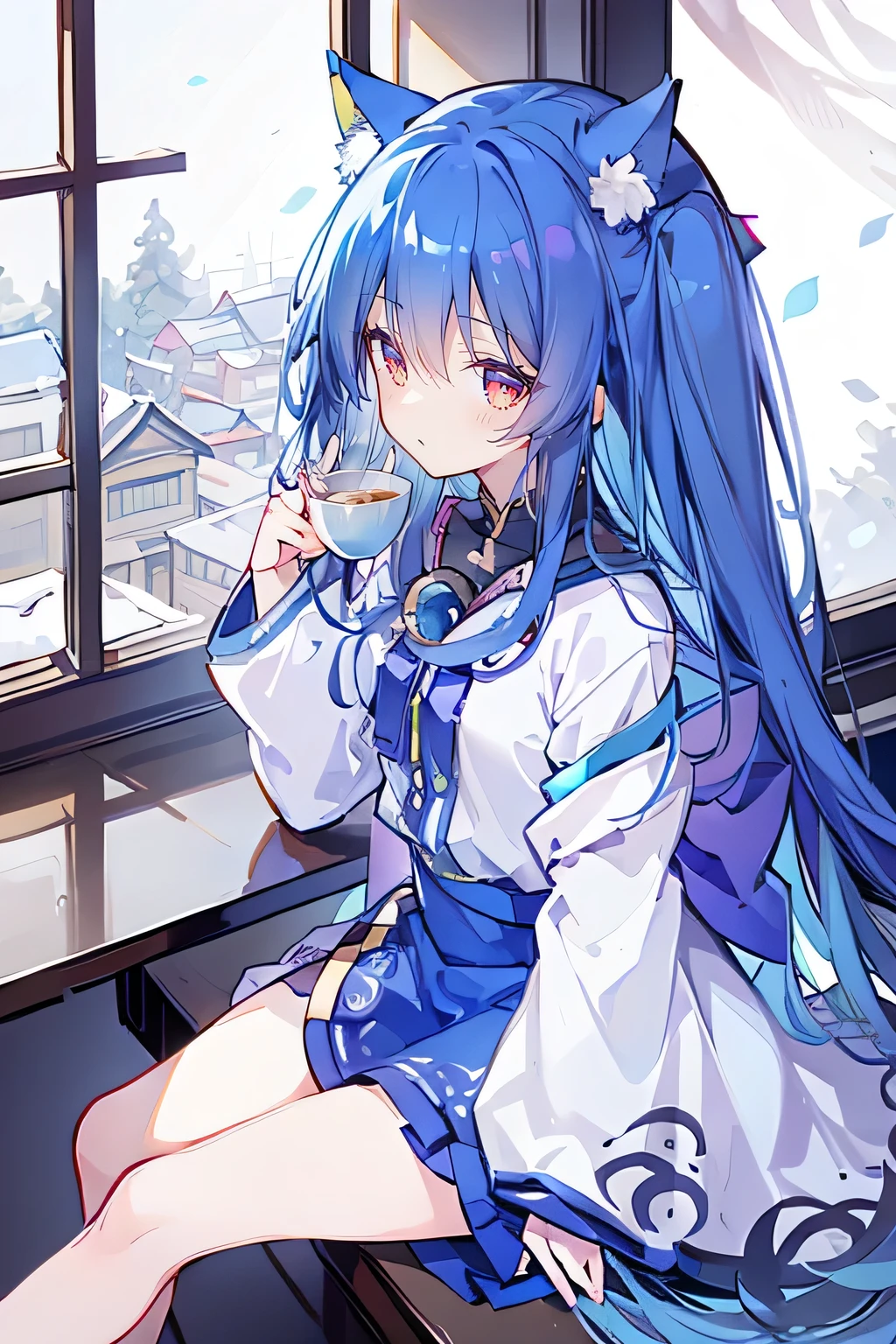 (Masterpiece:1.2),Ultra-detailed,lifelike,The eyes are expressive,Fair skin,Perfect face shape,1 girl,
Japanese Manga,Gorgeous blue hair,Flowing blue hair,Flowing clothes,Cat ears,Petals falling,Beautiful Lola,little angel,
Cross your legs,Gentle and peaceful background,Smile,Wearing a sweatshirt,Tokyo background,background,heavy snow,冬天 on window sill drinking coffee and looking out the window