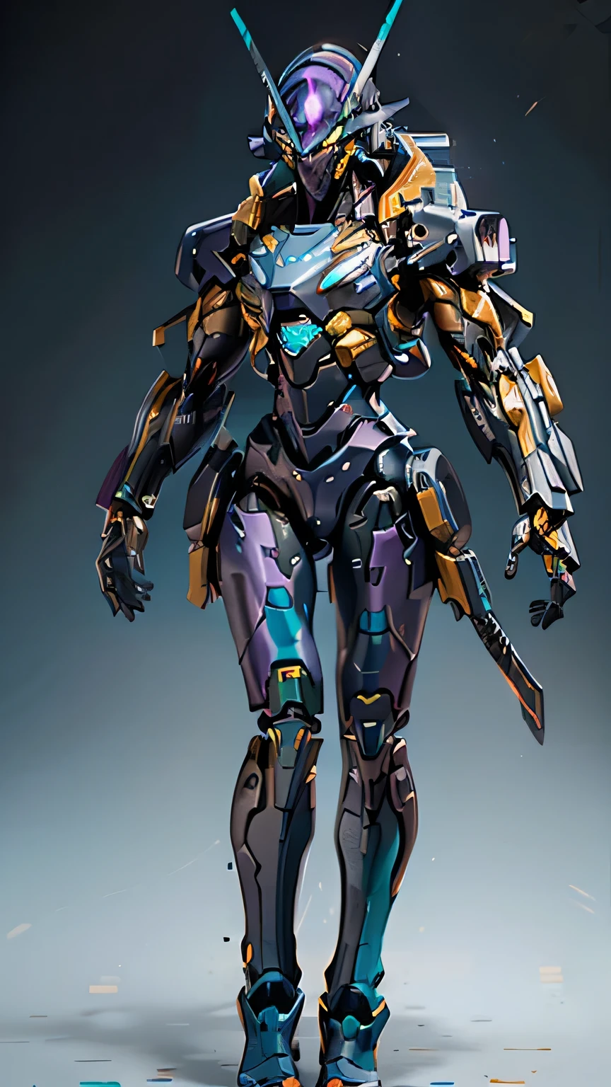((8k, best quality, master piece: 1.3)),Eva 01, pitch black darkness, (Facing forward, full body view down to the toes), Futuristic equipment, ((Shiny body)), (Metal body), Very hard, (Ultra detailed: 1.3), (Main color: Turquoise blue), (Second color: Gold), (Complex mechanical body), Rainbow light emanating