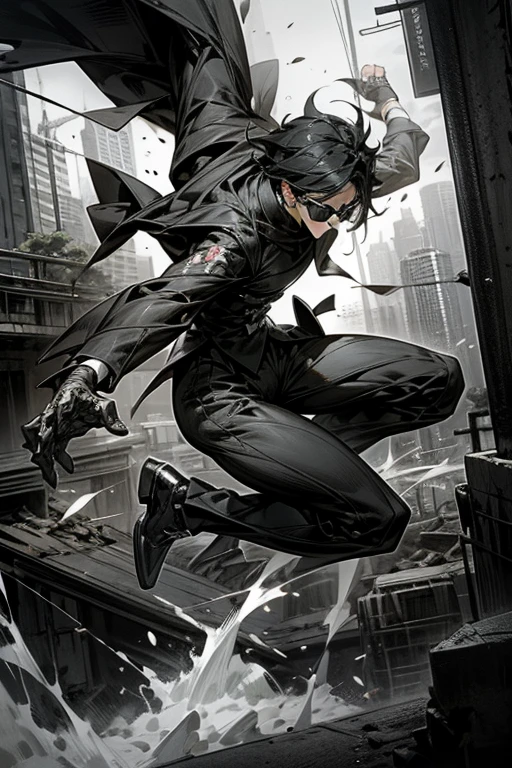 Black Suit,Monochrome,sunglasses,hard boiled,destruction,Martial Arts,Six Styles,ruins,jump