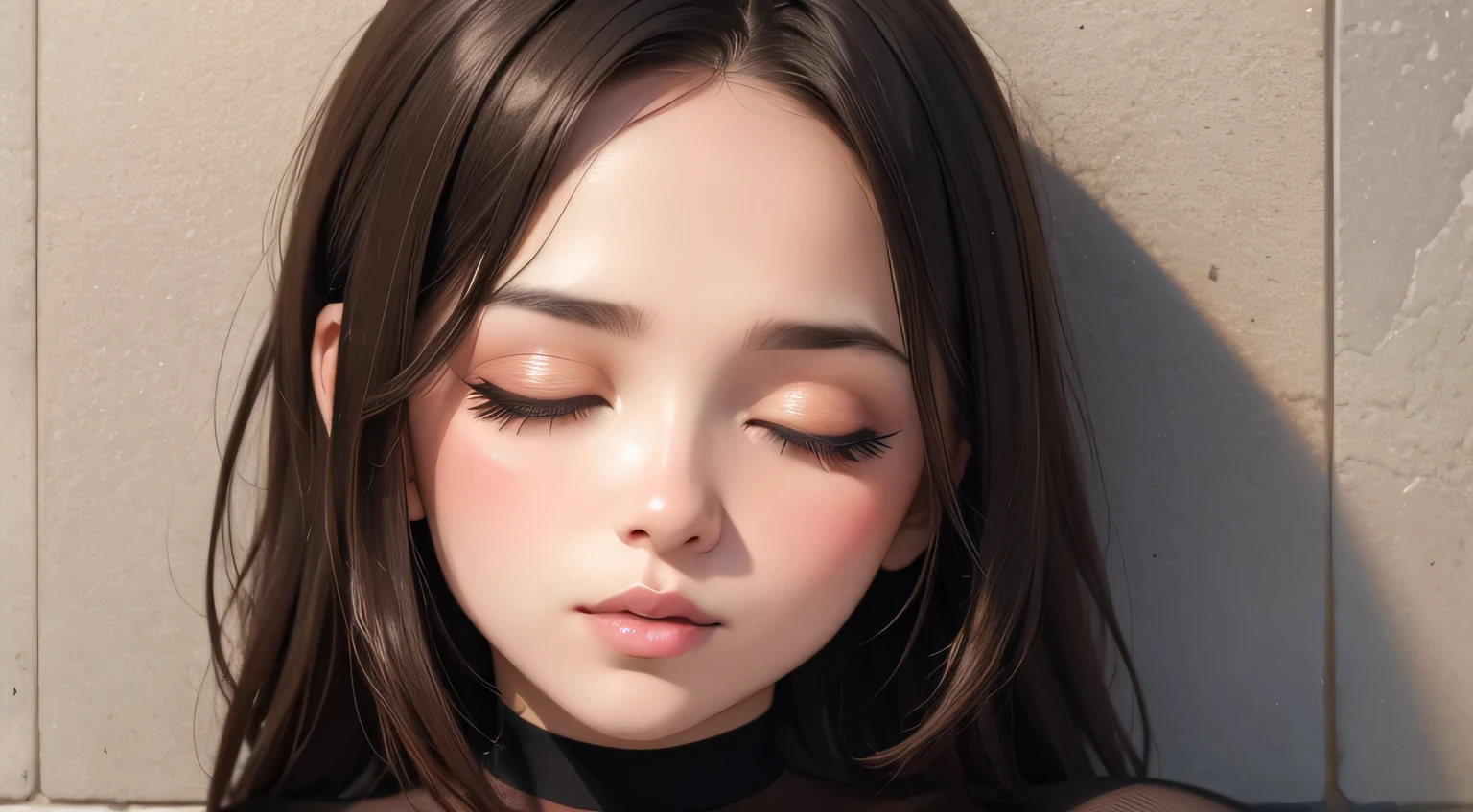 Close up shot of a woman who has closed her eyes and parted her perfect lips, blushing very hard, kissable face and lips, amazing makeup, against a wall