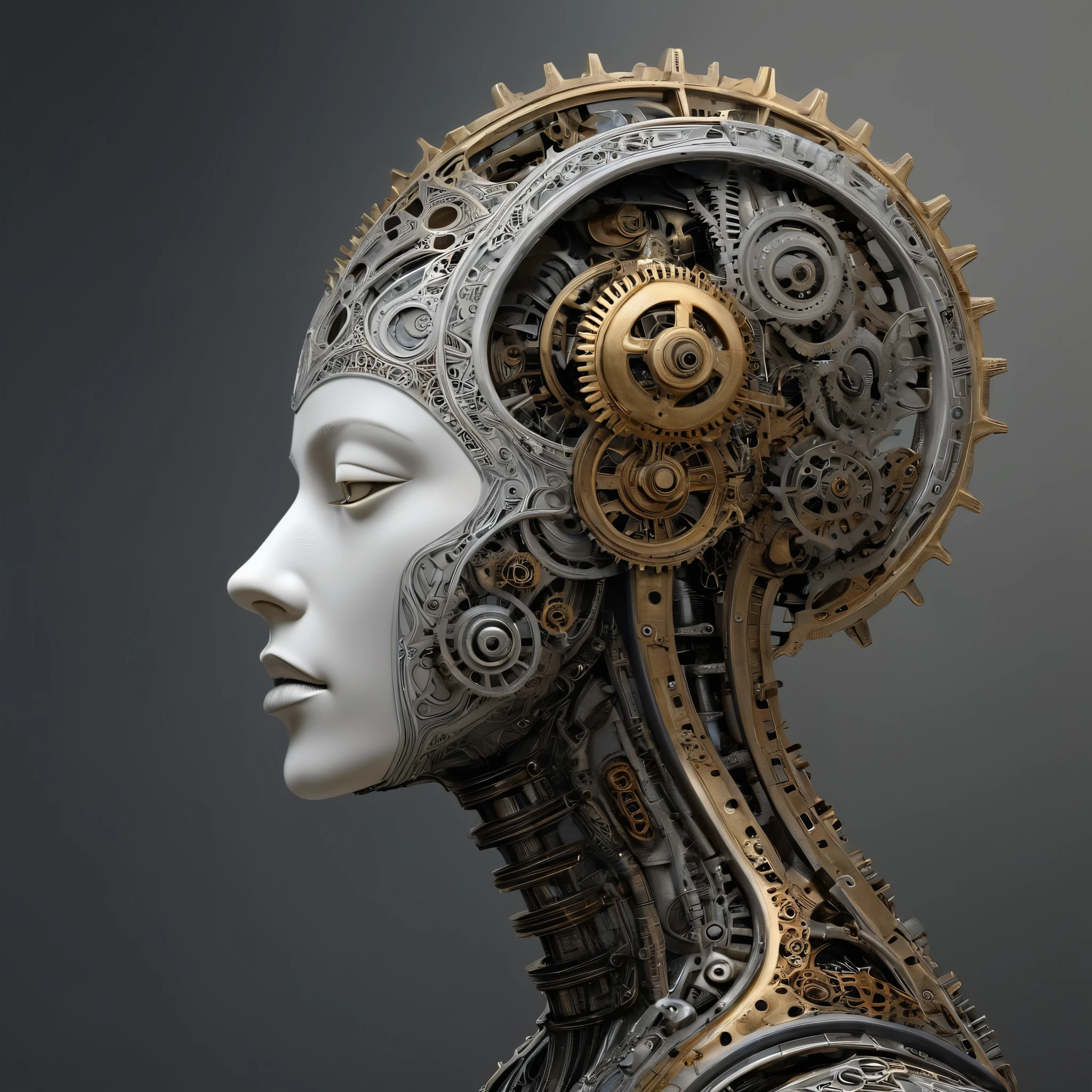 An abstract sculpture of a head and neck in slight profile with the skin made up of intricate patterns with gears and mechanical elements, giving it an organic yet technological appearance, in the style of digital realistic concept art, ultra-detailed, photorealistic, colors are muted whites, blacks, browns, blues, gold and silver, light gray background, diffused lighting with no shadows on the subject, H.R. Giger style,