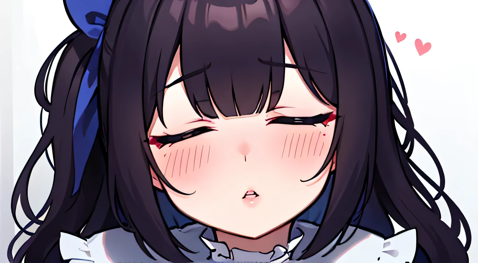 Close up shot of a woman who has closed her eyes and parted her perfect lips, blushing very hard, kissable face and lips, amazing makeup, against a wall