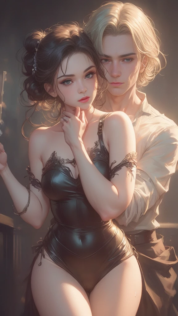 High-quality images of couples: Blond man (expensive、Statue-like、Handsome and、Brave young man、blue eyes、Curly blonde、Wearing grey antique military uniform) Black-haired woman (long, straight black hair、Long Bangs、Tears run down my face、Blackberry Eyes、Beautiful young woman、naked、Princess、Crying in pain、Tears flowing、hug。They are in love with each other。By Boris Vallejo「Ideal anatomy」Sketch of、Characterized by a high level of detail.。masterpiece、Detailed study of the face、Beautiful Face、Features of Beautiful Face、Perfect image、Realistic shots、Detailed study of the face、Full body image、8k、Detailed Images、Highly detailed illustration、A true masterpiece of the highest quality、Careful drawing。skin only、Gown and naked watercolor、
Watercolor Gothic、

Big drops of sweat、Dripping sweat、Spread your legs wide、Ecstatic、Fierce love, Intense Pose、Lean back、Tie up、A lot of guys、nakedの、Sweat dripping、Wet、紐でTie up