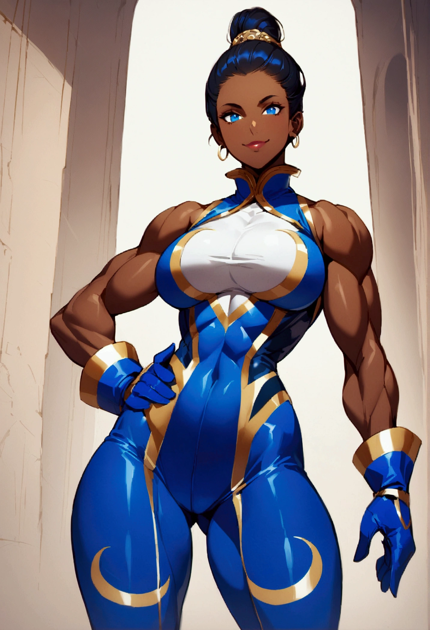 from low, standing alone, 1 girl, microcodef, darkskin, muscular, ssmile, looking ahead at viewer, hand on hip, collant branco, azul tights, crescent print, high collar, sleeveless, mitts, blue thighhighs, breasts big