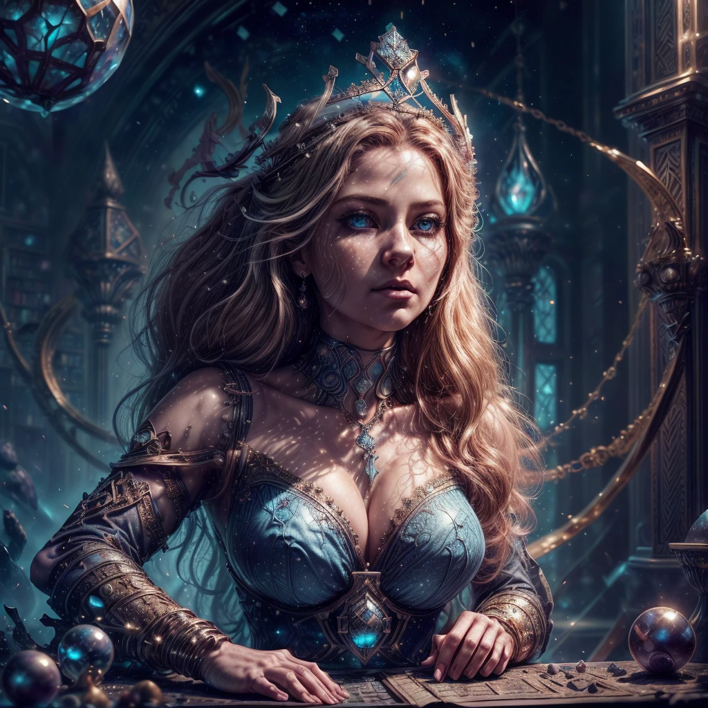 ultra realistic professional full body camera   (((wearing crown )))  (photo 1028k qhd) by (James C. Christensen:1.2|Jeremy Lipking:1.1), (Dittmann Anna:0.3), (jiner:0.3), (mise au point nette:1.3) lndswgnr,High detail, instagram top model,blonde hair, beautiful detailed baby blue eyes, k eyes,(eye (eye makeup: 1.2) sleeping Pose of the Instagram model, perfect button nose, attractive lip shape has an upper-to-lower lip ratio of 1:2, perfect ivory skin confiant, (((anatomycally perfect 25 old ladie hand,finger, nail))),fille en forme Fille maigre et sexy, breast:1.2, anatomie parfaite, Perfect symmetry:1.2, Realstic position, realistic and gorgeous face:1.2, perfect face, highly detailled, happy, confident, ighting cinematic, Lighting scene, soft lights, instagram standing pose (((baby blue eyes,, Fille maigre et sexy, breast:1.2 perfect charming face, attractive lip and nose, arafed, high details, best quality, 16k, [best detailed], masterpiece, best quality, (extremely detailed), a view from the rear (best details, Masterpiece, best quality), photorealistic, fantasy art, RPG art, a picture of a human mecha woman sorceress sittings in her magical lab, divining distant places in her crystal ball, epic beautiful human woman (best details, Masterpiece, best quality), ultra detailed face (best details, Masterpiece, best quality), red hair, short hair, red eyes, dynamic dress (best details, Masterpiece, best quality), magical library, with many books, and magical runes and wards, glowing arcane sigils GlowingRunes_paleblue, crystal ball (best details, Masterpiece, best quality) on table, runes on crystal balls GlowingRunes_yellow, fantasy magical library background (best details, Masterpiece, best quality), Ultra-Wide Angle, high detail, award winning, best quality, HD, 16K, 3D rendering, high details, best quality, highres, ultra wide angle, 3D rendering, [[anatomically correct]]