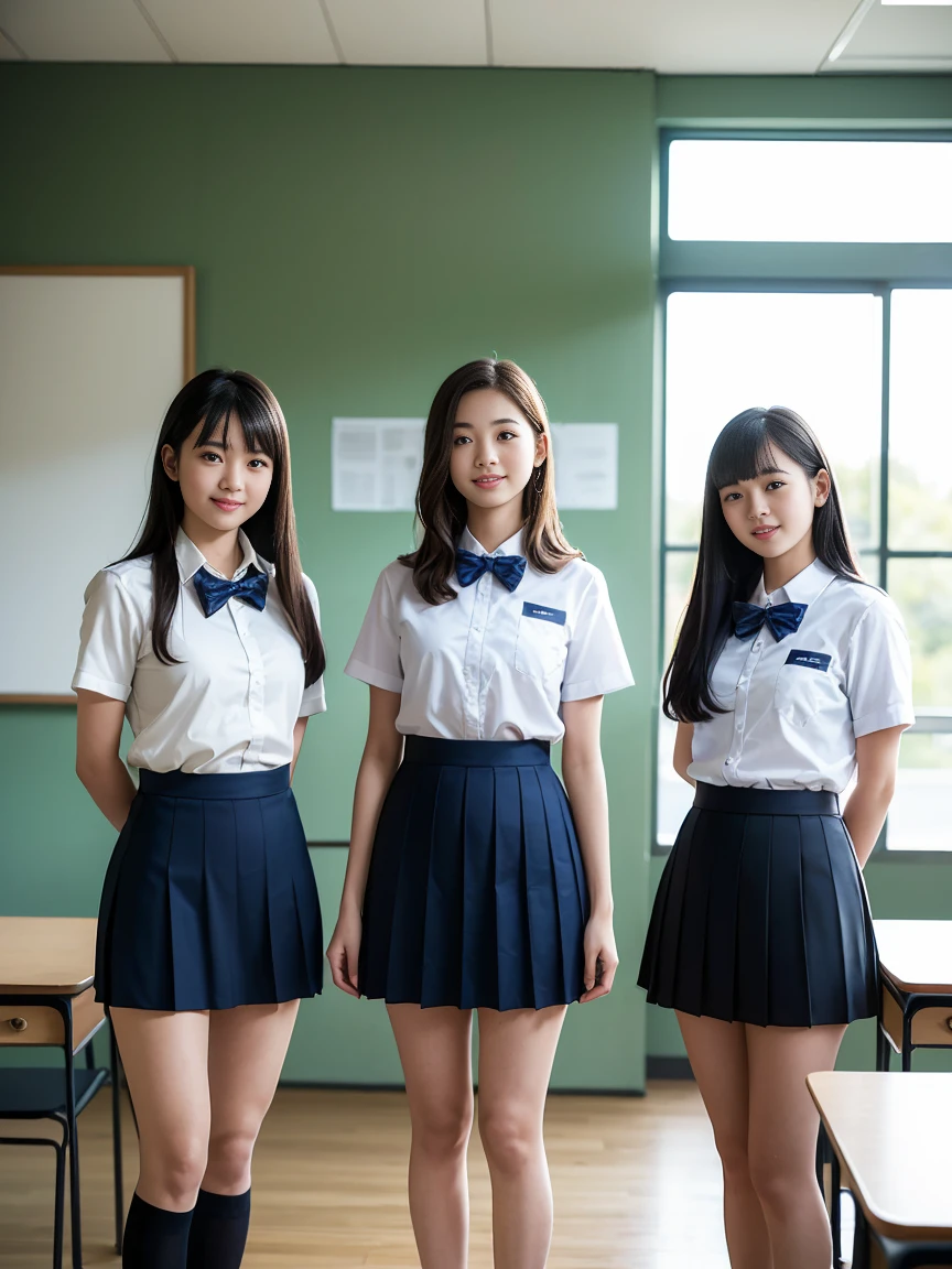 (Highest quality, masterpiece, Photorealistic, Super detailed, Ultra-high resolution, born:1.3), (Three Girls:1.3), beautiful, 日本人の女子高born, , In the classroom, 学born服,Navy blue high waist pleated mini skirt, (smile), (bangs), (Long legs, whole body:1.2), (Standing side by side)