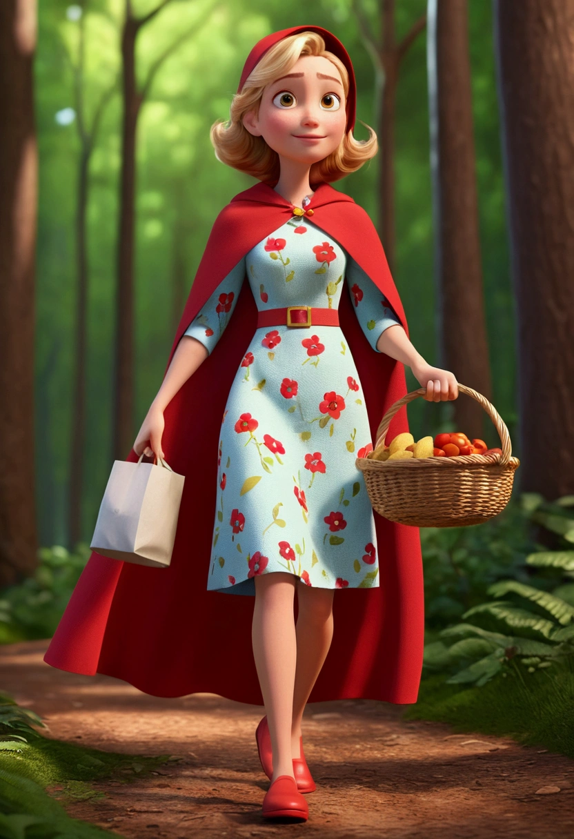 Cartoon character of a white woman in a flowered dress and a red cape, holding a basket of food in hand, walking through the forest, animation character, stylized character, animation style rendering, 3d stylized, Arnold Maya rendering, Stylized 3D rendering, toon render screenshot, 3d character, 3d character, Stylized 3D rendering, 3D character rendering, cartoon character, Personagem de close up, character posing, (Pixar-style) (master part:1.2) (bokeh) (best qualityer) (skin detailed) (detailed texture) (8k) (Argilla) (cinematic lighting) (sharp focus