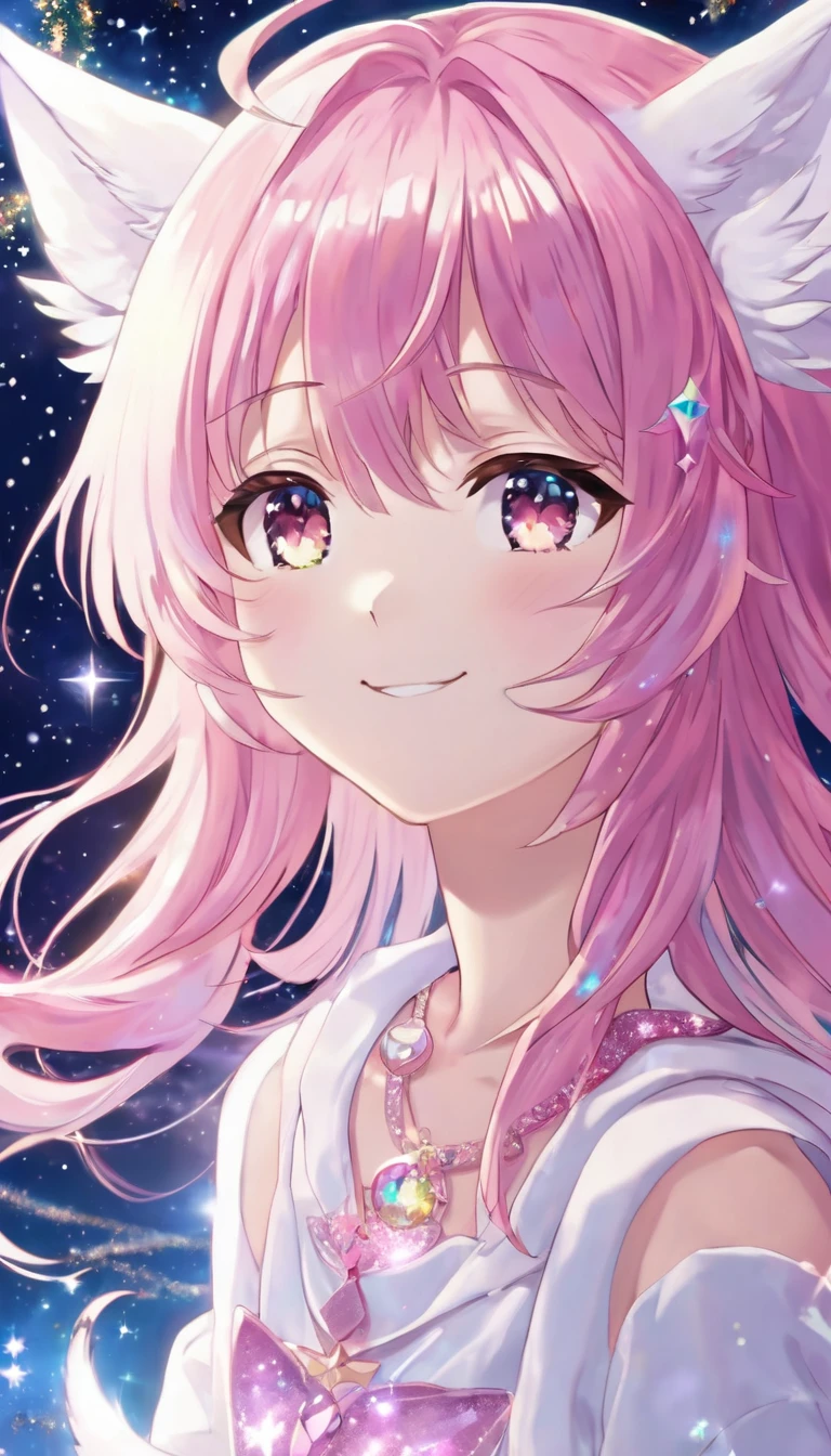 fantasic anime style,
kawaii shota,angel halo and wing,cat ear and tail,pink hair,wavy long hair,good night,smile,Glitter of god,Angelic Aura Burst,