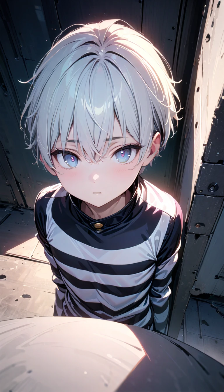 (8k, RAW photos, best quality, masterpiece: 1.4), (((Boy examining himself)))，Ultra-high resolution, Extremely detailed, Dim Lights, Upper body close-up, handsome boy, black eyes, (delicate eyes, Eyes are bright:1.2), Gray short hair, Fair skin,dark, Black and white striped prison uniform,Black and white striped prison pants,(perfect anatomy:1.2), High-quality shadows, Natural Lighting, (White highlights:1.2), night, cloudy day, (Dimly lit cells:1.2), (Metal walls all around:1.2)