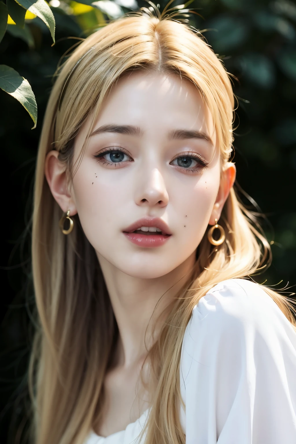best quality, masterpiece, ultra high resolution, (photorealistic:1.4), RAW photos, 1 woman, earring, bijouterie, 1 woman, (platinum blonde hair:1.2), looking at viewer, cafe,realistic, enlargement, sunlight, light from front, dehisce, break,