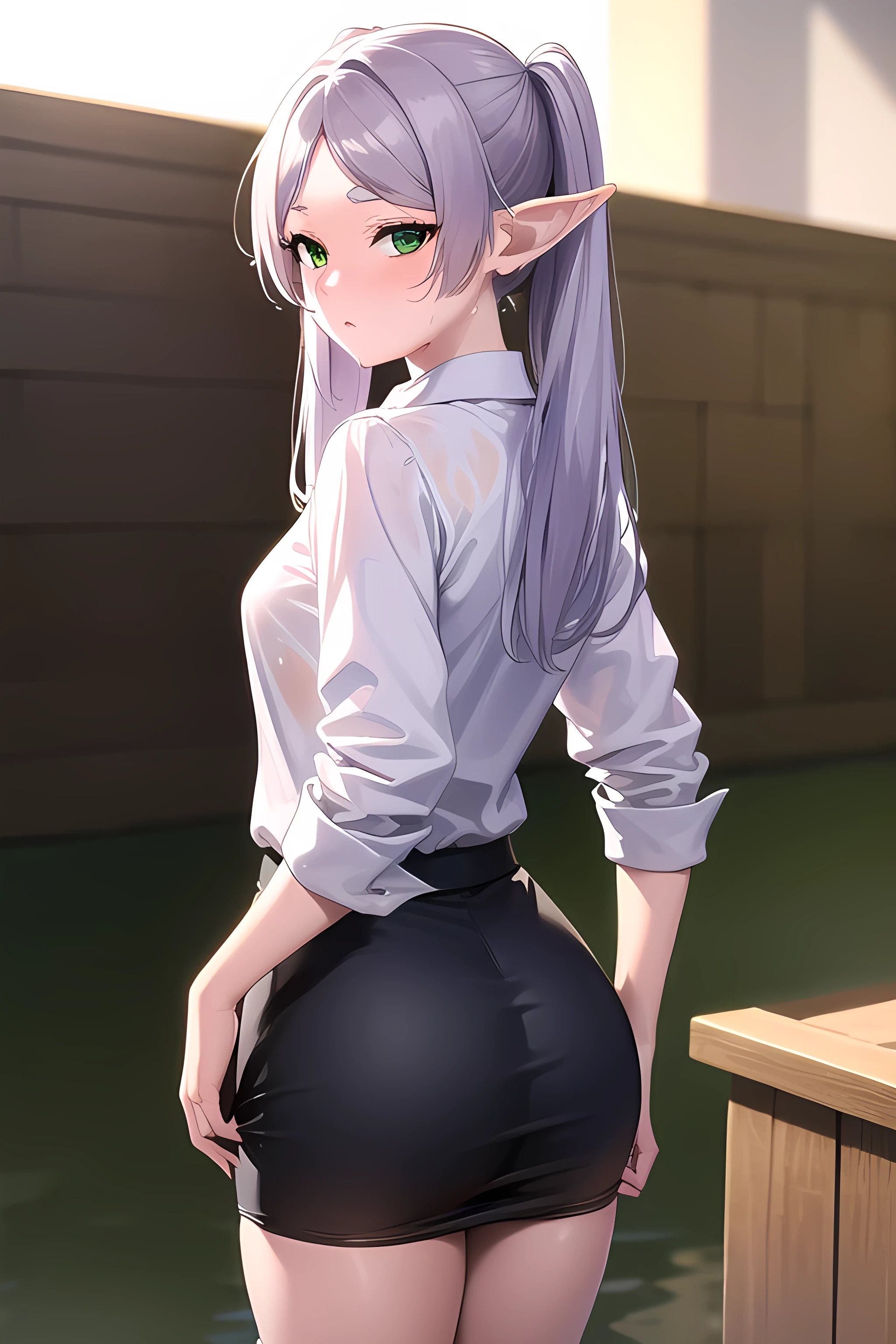 photorealistic, (4k), depth of field, (Masterpiece), (realistic skin texture), extremely detailed, intricate, hyper detailed, high resolution, professional photography, bokeh, sharp detail, best quality, woman, standing, japanese style, no cloth, shining breasts, blush, blush on face, looking at viewer, frieren, long hair, twintails, (green eyes:1.5), grey hair, pointy ears, elf, job skirt, white shirt, shirt is wet, wet shirt, transparent shirt, seductive, unbottened, small breasts, woman job skirt, job skirt, black skirt, looking into viewer, from behind, behind, ass, small ass, rounded ass, sfw