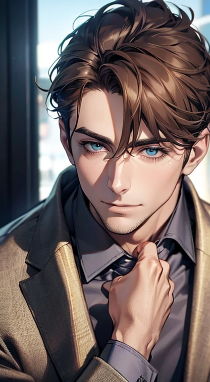 (best quality,4k,8k,highres,masterpiece:1.2),ultra-detailed,(realistic,photorealistic,photo-realistic:1.37),1 man,31 years old,mature man,very handsome,without expression,smile,short grey brown hair,blue eyes,penetrating gaze,perfect face without errors,imposing posture,businessman,office background,cinematic lighting,hdr image