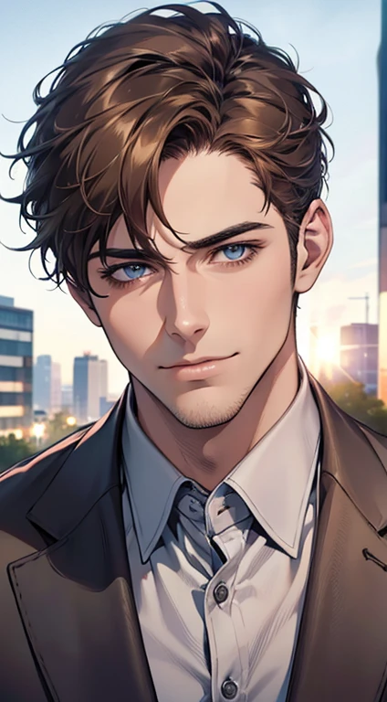 (best quality,4k,8k,highres,masterpiece:1.2),ultra-detailed,(realistic,photorealistic,photo-realistic:1.37),1 man,31 years old,mature man,very handsome,without expression,smile,short grey brown hair,blue eyes,penetrating gaze,perfect face without errors,imposing posture,businessman,office background,cinematic lighting,hdr image