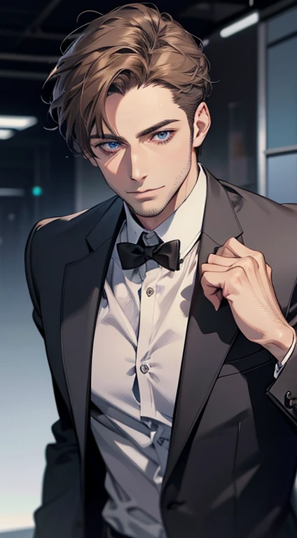 (best quality,4k,8k,highres,masterpiece:1.2),ultra-detailed,(realistic,photorealistic,photo-realistic:1.37),1 man,31 years old,mature man,very handsome,without expression,smile,short grey brown hair,blue eyes,penetrating gaze,perfect face without errors,imposing posture,businessman,office background,cinematic lighting,hdr image