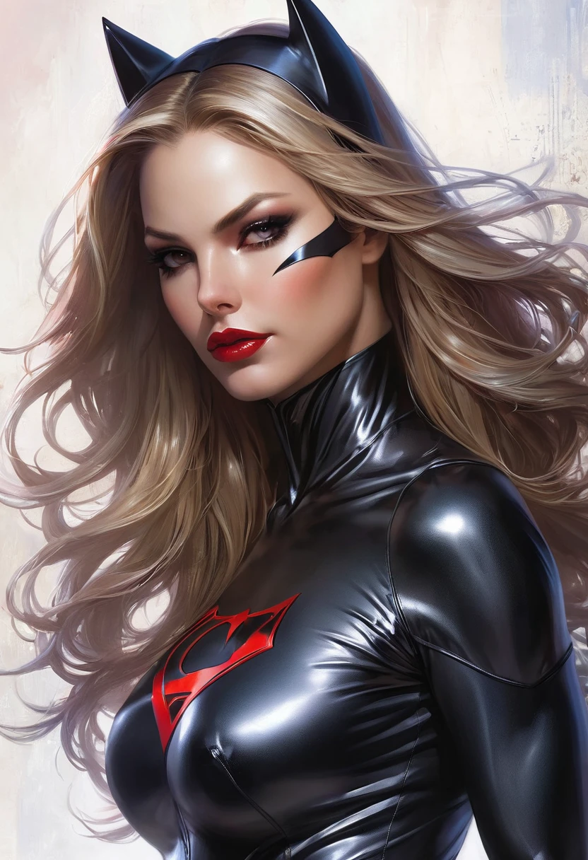 a woman with long hair wearing a Super girl costume, sexy painting of Catwoman, hybrid of Super girl, stephen lau and artgerm, as seen on artgerm, artgerm julie bell beeple, stanley artgerm lau, artgerm and ben lo, portrait of Super girl, artgerm on artstation pixiv