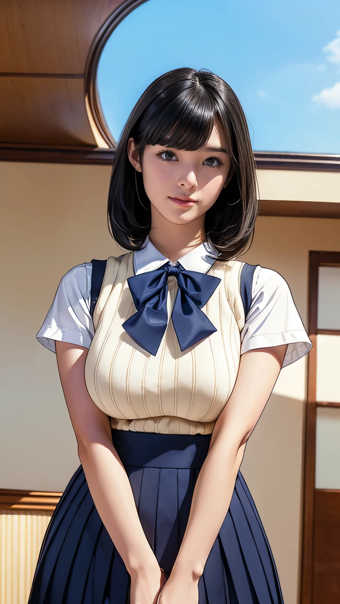 (masterpiece:1.2, Highest quality), (Realistic, photoRealistic:1.4), (Large Breasts:1.5), Beautiful illustrations, (Natural Side Lighting, Cinema Lighting), Written boundary depth, Looking at the audience, (Face Focus, Upper Body), Front view, 1 girl, Japanese, high school girl, 15 years old, Perfect Face, Symmetrical cute face, Glowing Skin, (Bob Hair:1.7,Black Hair), Asymmetrical bangs, Big eyes, Droopy eyes, long eyelashes chest), thin, Beautiful Hair, Beautiful Face, Beautiful and beautiful eyes, Beautiful clavicle, Beautiful body, Beautiful breasts, Beautiful thighs, Beautiful legs, Beautiful fingers, ((Quality fabric texture, brown knit vest, Short sleeve white collar shirt, Navy Pleated Skirt, Navy bow tie)), (Beautiful views), evening, (Inside the flower shop), Are standing, (smile, Superior, Open your mouth), (From below:1.5),(Poor visibility:1.5), (From below)