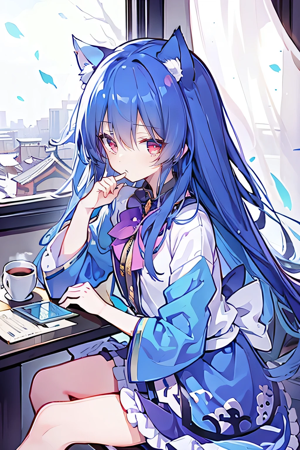 (Masterpiece:1.2)，Ultra-detailed，lifelike，The eyes are expressive，Fair skin，Perfect face shape，1 girl，
Japanese Manga，Gorgeous blue hair，Flowing blue hair，Flowing clothes，Cat ears，Petals falling，Beautiful Lola，little angel，
Cross your legs，Gentle and peaceful background，Smile，Wearing a sweatshirt，Tokyo background，background，heavy snow，冬天 on window sill drinking coffee and looking out the window