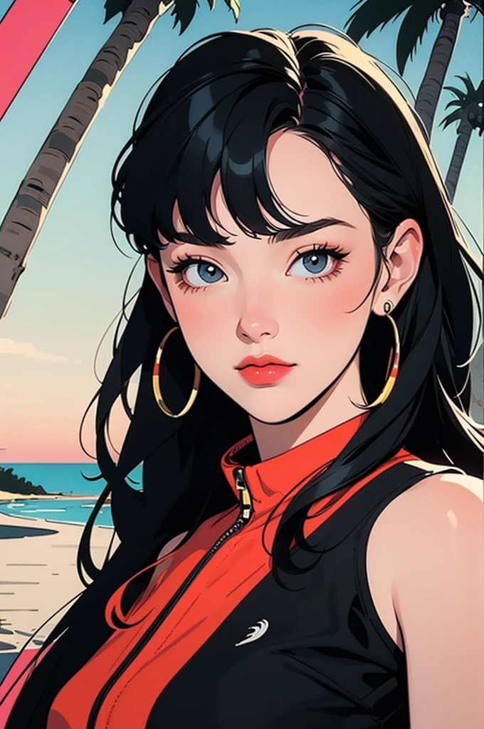 retro girl, Miami, sunset, Ferrari, palm tree, 90's, (flat colors, flat texture, lineart:1.2), graphical design, (heavy ink, ink blacks), 
