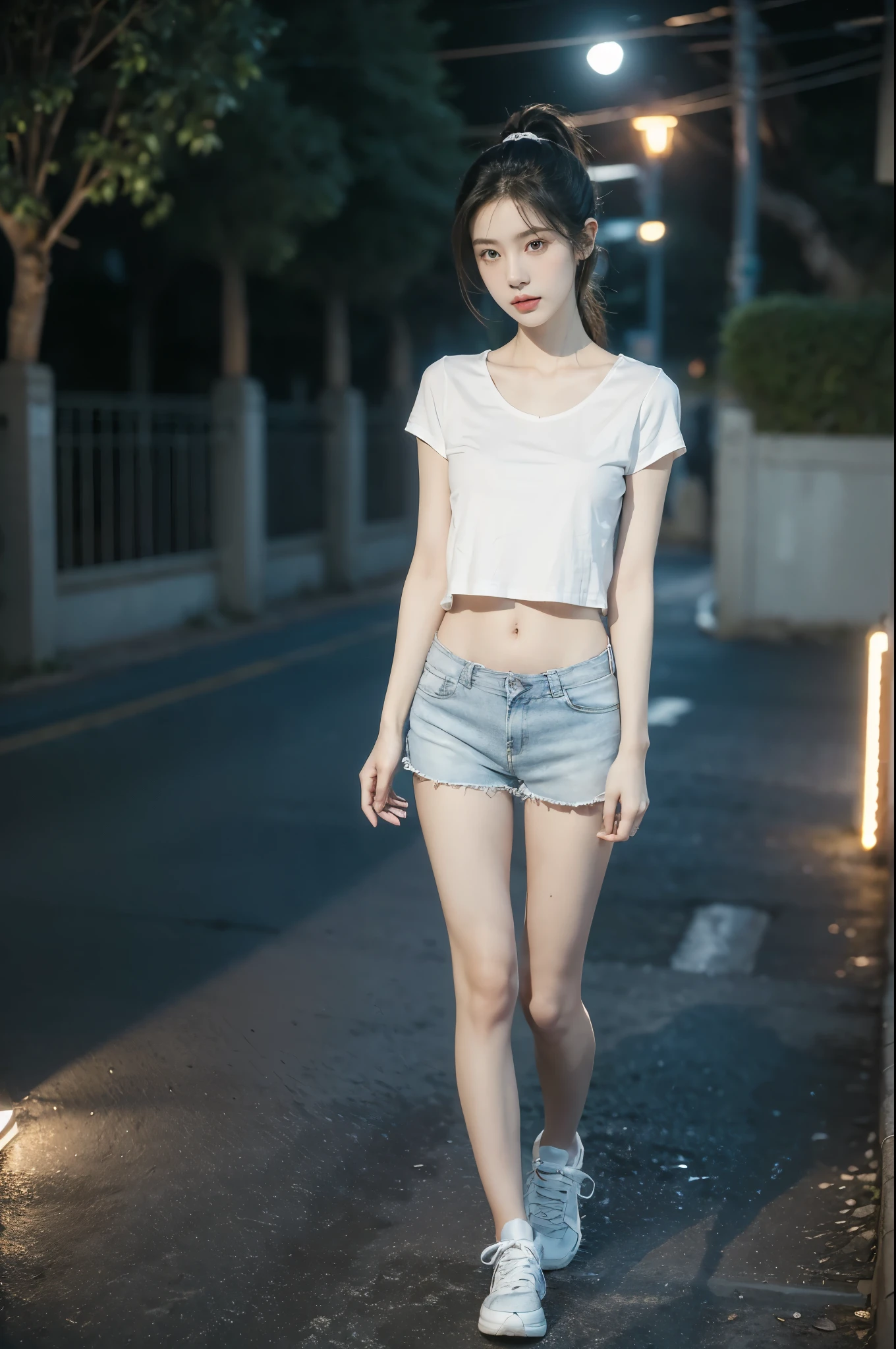 (((best quality))),(((ultra detailed))),(((masterpiece))),illustration,((1 beautiful girl,solo)),(short ponytail:1.2),((slim,thin)),((small breasts,flat chest)),((dimly lit garden courtyard, high-rise residential community)),(white short-sleeved T-shirt:1.3),(blue sports shorts:1.3),(navel:1.2),(slender legs:1.2),(sneakers:1.2),(standing:1.3),(arms behind back:1.3),youthful charm, vibrant energy, sleek hair, bright eyes, smooth skin, fair complexion, curiosity, adventure, graceful collarbones,concrete ground, streetlights, yellowish glow, tall buildings, shadows, eerie atmosphere, confident demeanor, ease, solitude, beauty, life, warm presence,(summer:1.3),(night scene:1.3),((from front,full body))