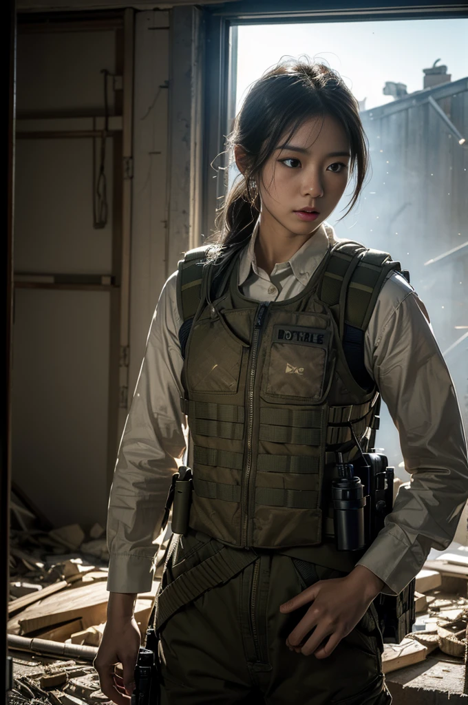 (highest quality,8k,Realistic photo:1.2),Very detailed,(Realistic,photoRealistic:1.37) Skin Texture,Beautiful Japanese woman in the US military,Carefully open the door through the rubble and enter the room.,Automatic rifle,Bulletproof vest,Backpack,Injured, intense expression, Dynamic pose, innovative configuration, Portraiture,Dramatic lighting,Colorful palette,Dust and smoke flying