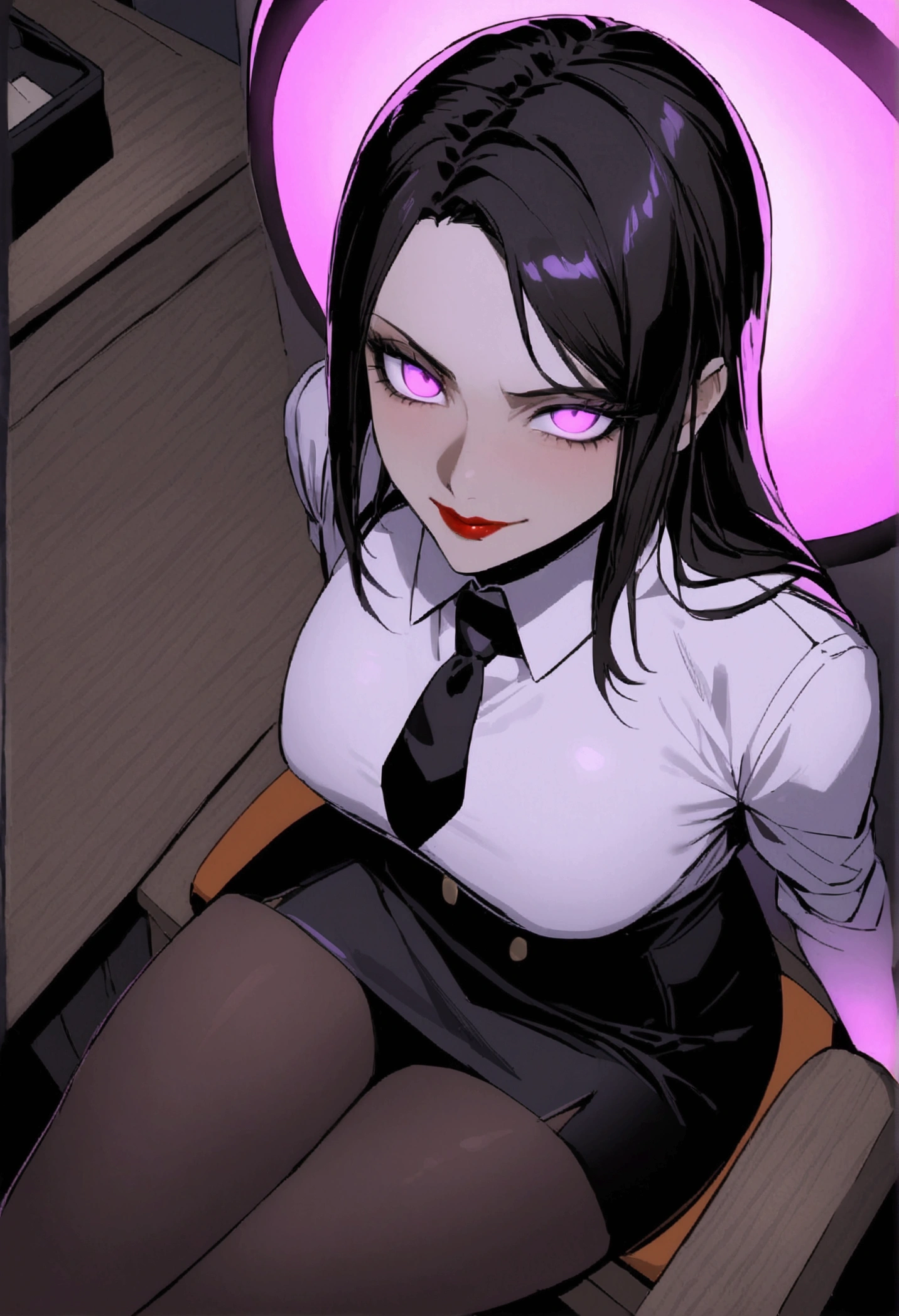 juri han, work of art,  secretary shirt with black tie, black high waist skirt, short skirt,stocking, black hair, black tightscary sun,office,bangs on the eyes,Lighting, hair with purple details,view from above,staring overhead,evil smile,sitting,cross legs,glowing purple eyes,red lips,The eyes
